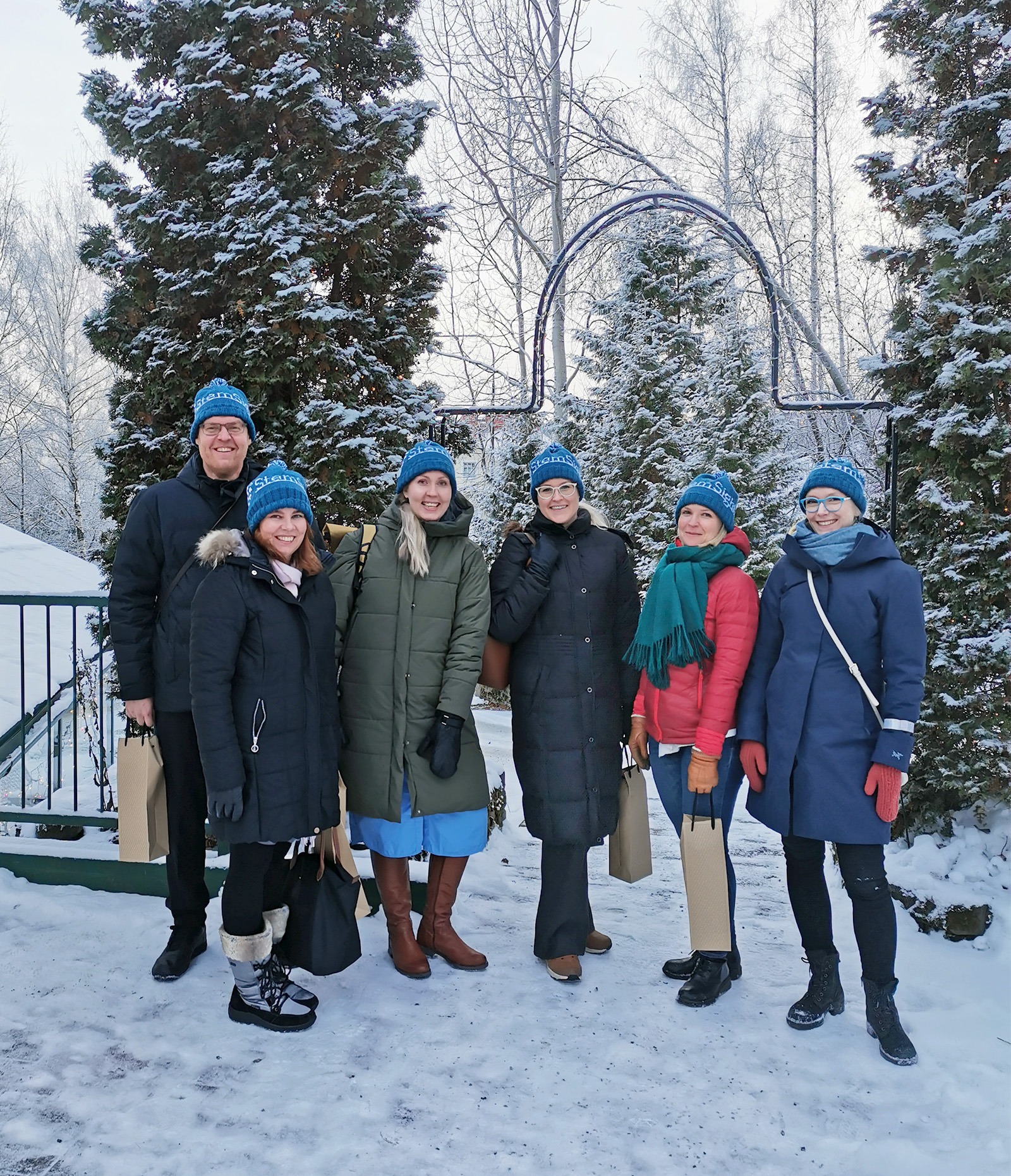 Dec 2021. Christmas team lunch and the coolest ever StemSight beanies by Laura's grandma.